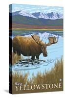 Moose Drinking at Lake, West Yellowstone, Montana-Lantern Press-Stretched Canvas