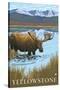 Moose Drinking at Lake, Yellowstone National Park-Lantern Press-Stretched Canvas