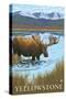 Moose Drinking at Lake, Yellowstone National Park-Lantern Press-Stretched Canvas