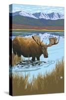 Moose in Lake-Lantern Press-Stretched Canvas