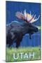 Moose in Moonlight - Utah-Lantern Press-Mounted Art Print