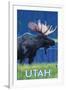 Moose in Moonlight - Utah-Lantern Press-Framed Art Print