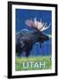 Moose in Moonlight - Utah-Lantern Press-Framed Art Print