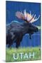 Moose in Moonlight - Utah-Lantern Press-Mounted Art Print