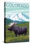 Moose with Mountain - Colorado-Lantern Press-Stretched Canvas