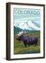 Moose with Mountain - Colorado-Lantern Press-Framed Art Print