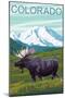 Moose with Mountain - Colorado-Lantern Press-Mounted Art Print