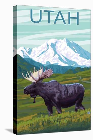 Moose with Mountain - Utah-Lantern Press-Stretched Canvas