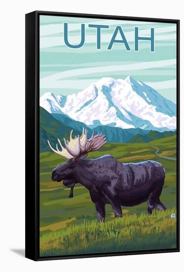 Moose with Mountain - Utah-Lantern Press-Framed Stretched Canvas