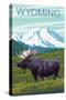 Moose with Mountain - Wyoming-Lantern Press-Stretched Canvas