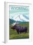 Moose with Mountain - Wyoming-Lantern Press-Framed Art Print