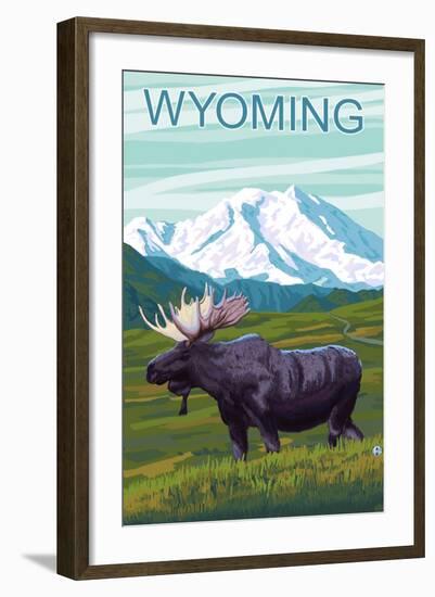 Moose with Mountain - Wyoming-Lantern Press-Framed Art Print