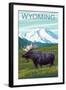 Moose with Mountain - Wyoming-Lantern Press-Framed Art Print