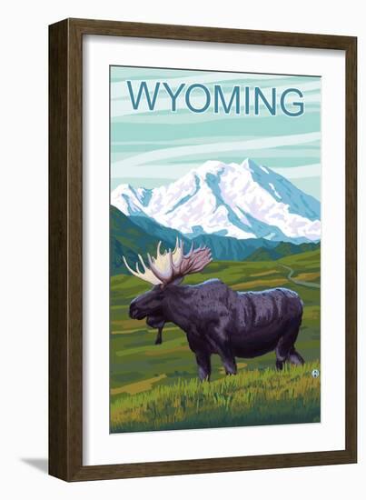 Moose with Mountain - Wyoming-Lantern Press-Framed Art Print