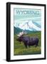 Moose with Mountain - Wyoming-Lantern Press-Framed Art Print