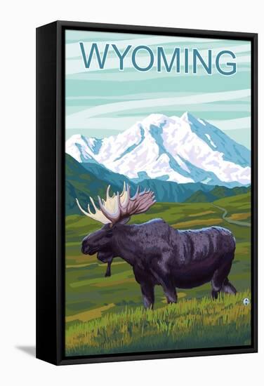 Moose with Mountain - Wyoming-Lantern Press-Framed Stretched Canvas