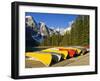 Moraine Lake and Rental Canoes Stacked, Banff National Park, Alberta, Canada-Larry Ditto-Framed Photographic Print