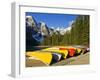 Moraine Lake and Rental Canoes Stacked, Banff National Park, Alberta, Canada-Larry Ditto-Framed Photographic Print