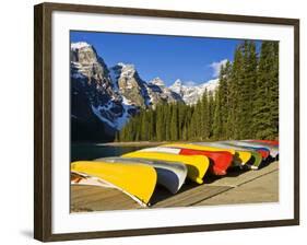 Moraine Lake and Rental Canoes Stacked, Banff National Park, Alberta, Canada-Larry Ditto-Framed Photographic Print