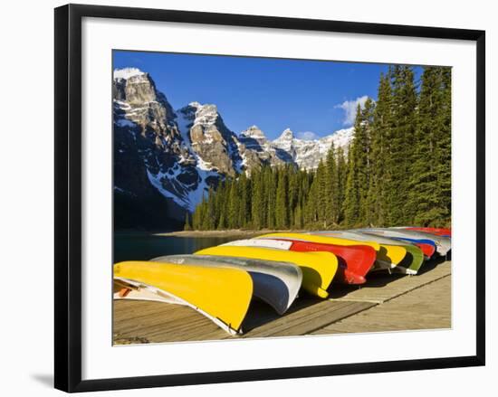 Moraine Lake and Rental Canoes Stacked, Banff National Park, Alberta, Canada-Larry Ditto-Framed Photographic Print