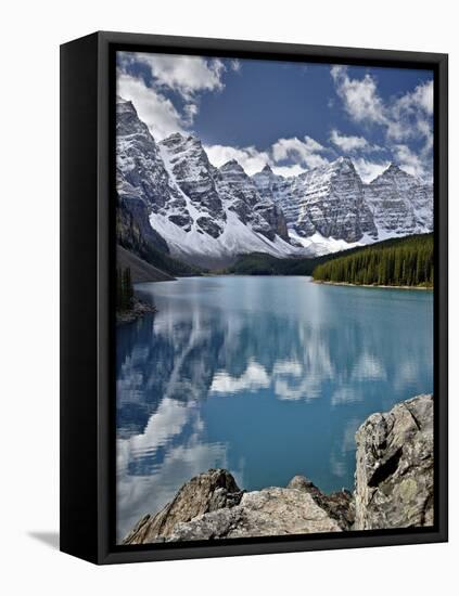 Moraine Lake in the Fall with Fresh Snow, Banff National Park, UNESCO World Heritage Site, Alberta,-James Hager-Framed Stretched Canvas