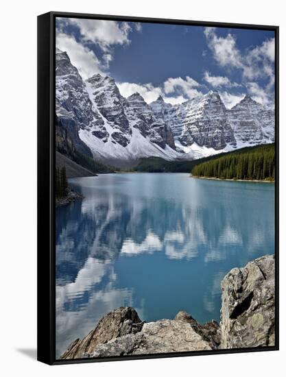 Moraine Lake in the Fall with Fresh Snow, Banff National Park, UNESCO World Heritage Site, Alberta,-James Hager-Framed Stretched Canvas