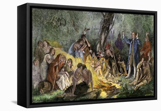Moravian Missionary David Zeisberger Preaching to Native Americans in Pennsylvania, 1760s-null-Framed Stretched Canvas