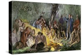 Moravian Missionary David Zeisberger Preaching to Native Americans in Pennsylvania, 1760s-null-Stretched Canvas