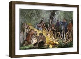 Moravian Missionary David Zeisberger Preaching to Native Americans in Pennsylvania, 1760s-null-Framed Giclee Print