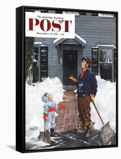 "More Snow?" Saturday Evening Post Cover, December 29, 1951-George Hughes-Framed Stretched Canvas