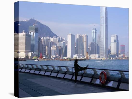 Morning Exercise, Victoria Harbour and Hong Kong Island Skyline, Hong Kong, China-Amanda Hall-Stretched Canvas