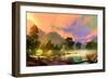 Morning Landscape with Fog and Warm Sky over Riverbank ,Digital Painting-Tithi Luadthong-Framed Art Print