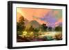 Morning Landscape with Fog and Warm Sky over Riverbank ,Digital Painting-Tithi Luadthong-Framed Art Print