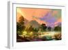 Morning Landscape with Fog and Warm Sky over Riverbank ,Digital Painting-Tithi Luadthong-Framed Art Print