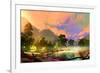 Morning Landscape with Fog and Warm Sky over Riverbank ,Digital Painting-Tithi Luadthong-Framed Premium Giclee Print