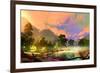 Morning Landscape with Fog and Warm Sky over Riverbank ,Digital Painting-Tithi Luadthong-Framed Premium Giclee Print