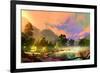 Morning Landscape with Fog and Warm Sky over Riverbank ,Digital Painting-Tithi Luadthong-Framed Premium Giclee Print