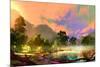 Morning Landscape with Fog and Warm Sky over Riverbank ,Digital Painting-Tithi Luadthong-Mounted Premium Giclee Print