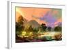 Morning Landscape with Fog and Warm Sky over Riverbank ,Digital Painting-Tithi Luadthong-Framed Art Print