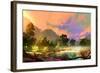 Morning Landscape with Fog and Warm Sky over Riverbank ,Digital Painting-Tithi Luadthong-Framed Art Print