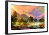 Morning Landscape with Fog and Warm Sky over Riverbank ,Digital Painting-Tithi Luadthong-Framed Art Print