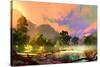 Morning Landscape with Fog and Warm Sky over Riverbank ,Digital Painting-Tithi Luadthong-Stretched Canvas