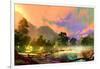 Morning Landscape with Fog and Warm Sky over Riverbank ,Digital Painting-Tithi Luadthong-Framed Art Print