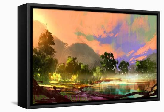 Morning Landscape with Fog and Warm Sky over Riverbank ,Digital Painting-Tithi Luadthong-Framed Stretched Canvas