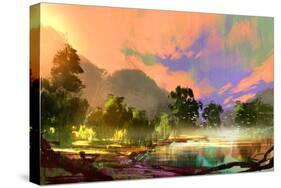 Morning Landscape with Fog and Warm Sky over Riverbank ,Digital Painting-Tithi Luadthong-Stretched Canvas