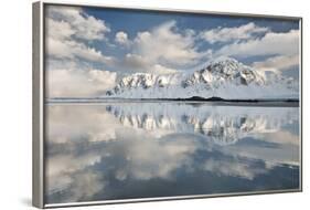 Morning Light Hits a Mountain on the Beach of Flakstad, Flakstadoya, Lofoten Islands, Norway-David Clapp-Framed Photographic Print