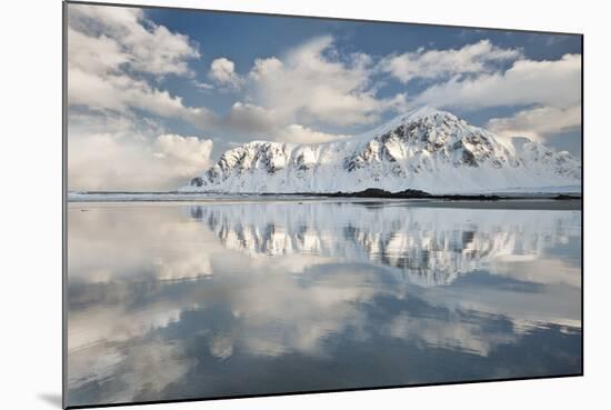 Morning Light Hits a Mountain on the Beach of Flakstad, Flakstadoya, Lofoten Islands, Norway-David Clapp-Mounted Photographic Print