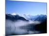 Morning Mist Covers Taisho-Ike Lake and Hodaka Mountain Range, Kamikochi, Nagano, Japan-null-Mounted Photographic Print