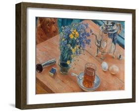 Morning (Still Life with Tea Pot, Glass of Tea and Vase of Flowers), 1918-Kosjma Ssergej Petroff-Wodkin-Framed Giclee Print