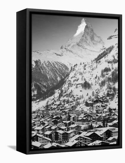 Morning Town View with Matterhorn, Zermatt, Valais, Wallis, Switzerland-Walter Bibikow-Framed Stretched Canvas